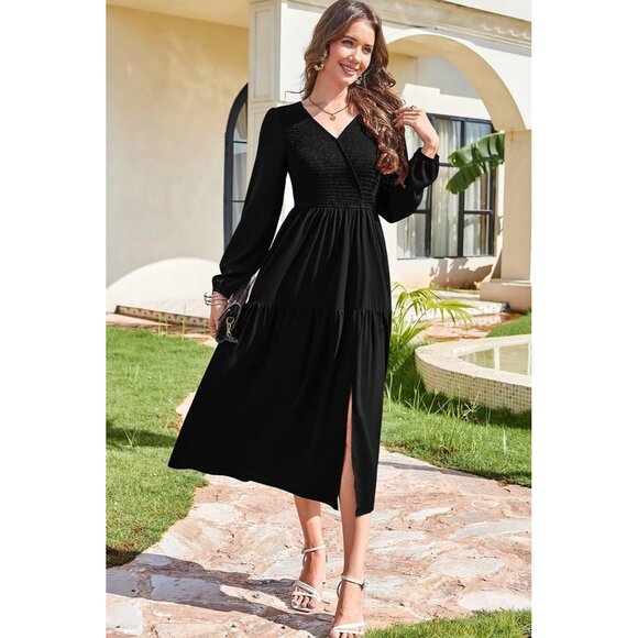 Stylish Long Sleeve V Neck Maxi Dress with Tiered Ruffles for Every Occasion - Picture 3 of 5
